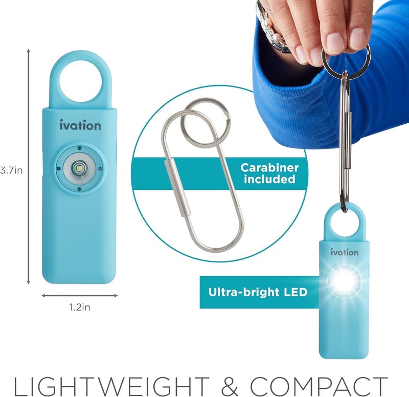 Ivation Personal Rechargeable SOS Alarm, Pocket Size Loud 130dB Sound Safety Siren & LED Panic Strobe Light with Carabiner Keychain Clip for Women, Children & Seniors, Aqua - Image 5